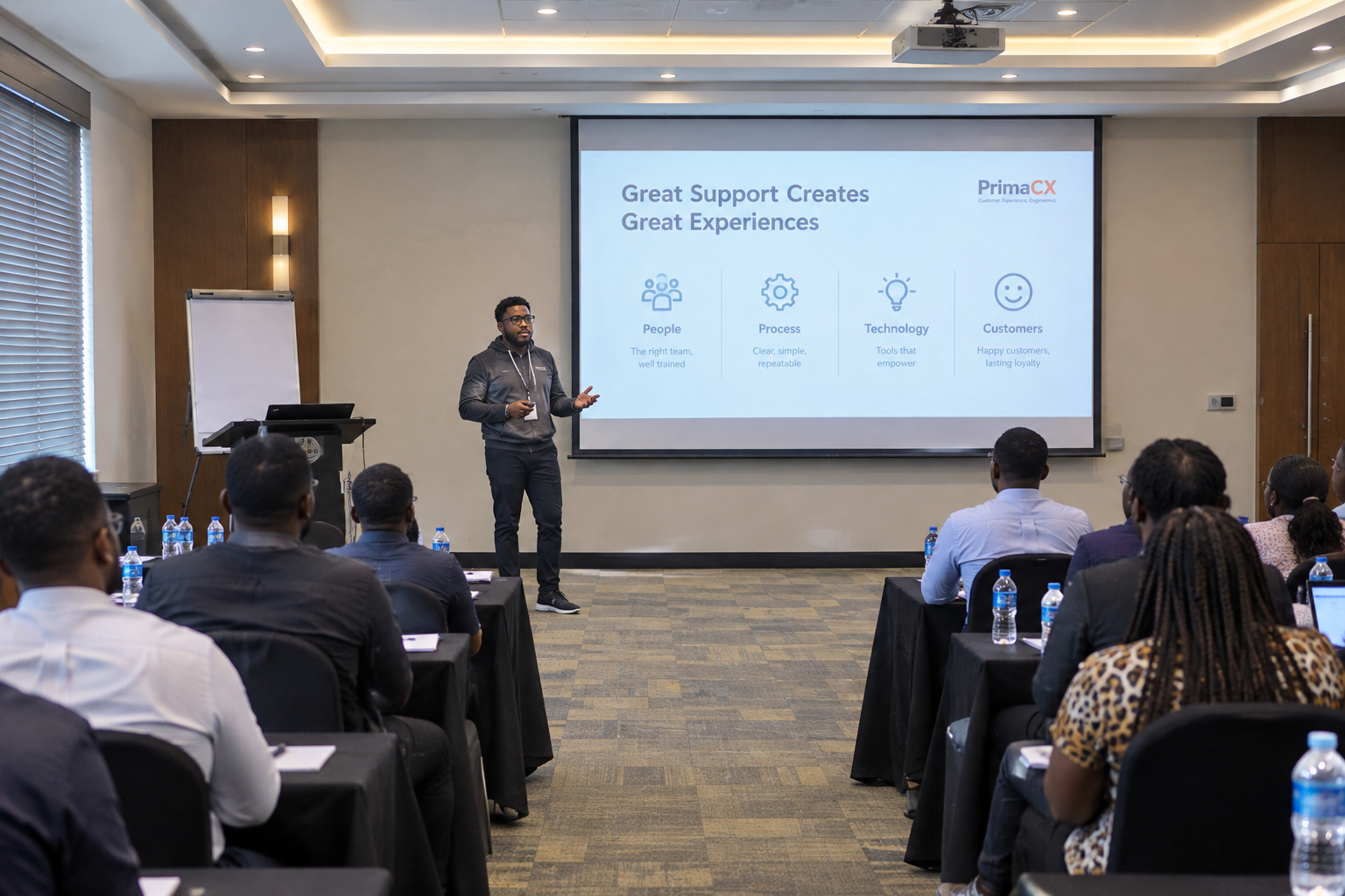 PrimaCX trainer presenting 'Great Support Creates Great Experiences' to a workshop audience