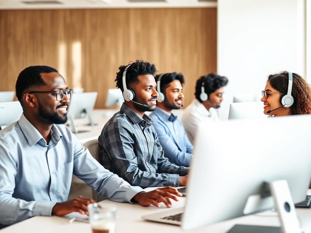 Customer support specialists wearing headsets at a bright, modern service floor