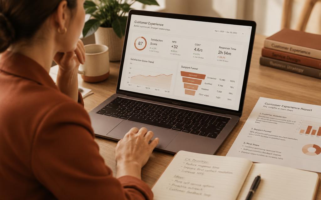 Consultant reviewing customer experience metrics and a support funnel on a laptop