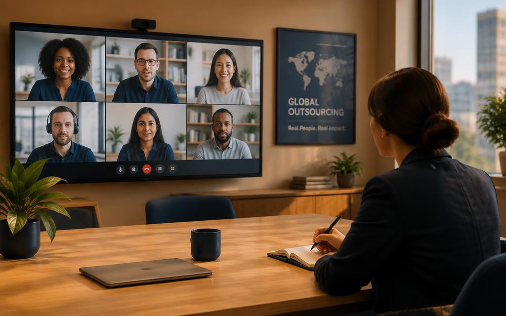 Manager on a video call with a distributed global team on a meeting room screen